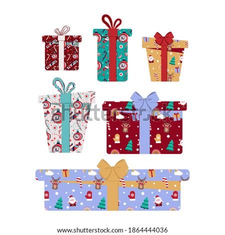  Set of cute cartoon gift boxes for Winter holiday greeting cards and party invitations. Collection of Christmas present elements with  sweet patterns and bows isolated on white background.