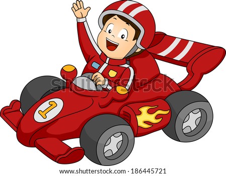 Illustration of a Little Boy Happily Waving from His Race Car