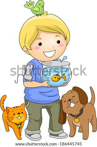 Illustration of a Little Boy Surrounded by Different Pets