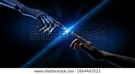 Robot hand making contact with human hand. 3d rendering. Royalty-Free Stock Photo #1864463521