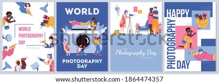 A set of posters for world photography day. Professional photographers with digital cameras taking a pictures and photos in different situations. Vector flat illustrations