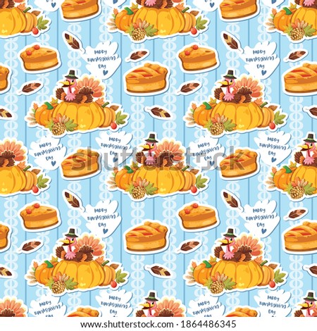seamless pattern background with Chicken feathers, pumpkin and turkey holding the pie