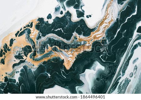 Fluid Art. Liquid Metallic Gold and gold in abstract Tidewater Green waves and stains. Marble effect background or texture. Royalty-Free Stock Photo #1864496401