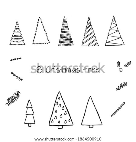 Set of  eight Christmas tree line icon in doodle style. Vector illustration on a white background.