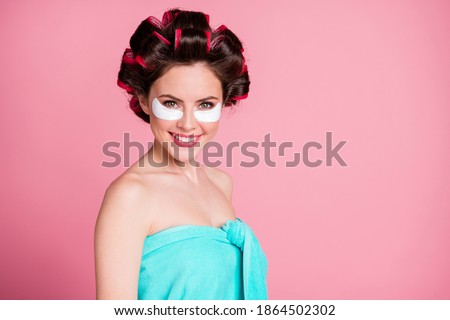 Turned photo of girl have eye patch face rejuvenation skincare procedure wear towel isolated pastel color background