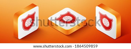Isometric Shield with world globe icon isolated on orange background. Security, safety, protection, privacy concept. Orange square button. Vector.