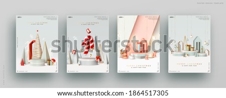 Christmas set gift card. Festive winter 3d composition. Realistic stage, podium, Xmas studio. Minimal New year background. Modern Creative holiday template. Banner and poster, cover and brochure Royalty-Free Stock Photo #1864517305