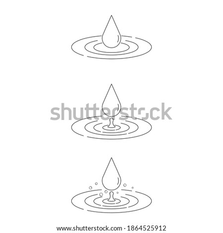 Editable stroke water drop and ripple set. Vector illustration outline flat design style.