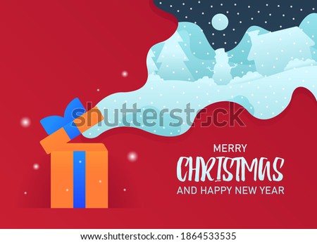 Vector banner concept. A large beautiful gift on a red background from which a winter landscape flies out. Merry Christmas and a Happy New Year. Snowy forest among which is a house and a snowman.
