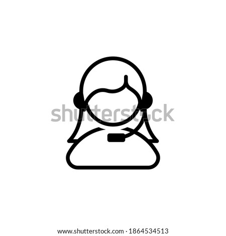 Woman with headset vector icon for freelance, online education, business, distant work, call center. Girl with hands free set of headphones and microphone isolated on white background. Line art.