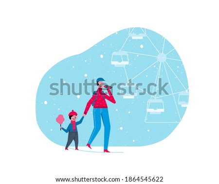 Father and son visiting a city fair together. Single parent, winter outdoor activities with kids concept. Vector illustration in a cartoon flat style. 