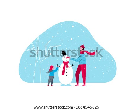 Father and son making a snowman together. Single parent, winter outdoor activities with kids concept. Vector illustration in a cartoon flat style. 