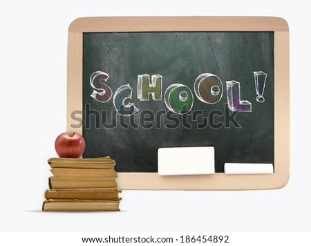 Blackboard with sketchy colorful School word,books and apple