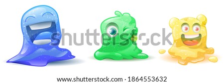 Cute cartoon jelly set. Cartoon litter slime characters set. Slime dribbles and alien slimy. Vector illustration