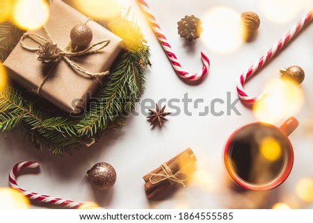 Cup of coffee with sweets for Christmas, festive mood, New Year mood