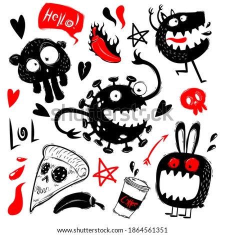 Funny doodles with monsters set. Doodle cute monsters on white background. Monsters and ghosts characters doodles, hand draw style.Collection of monsters silhouettes. Vectro illustration