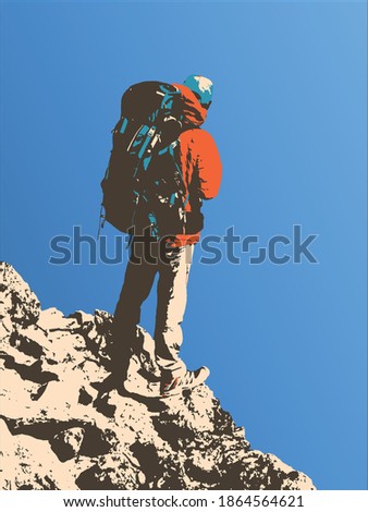 Hiker on mountain with backpack on hillside