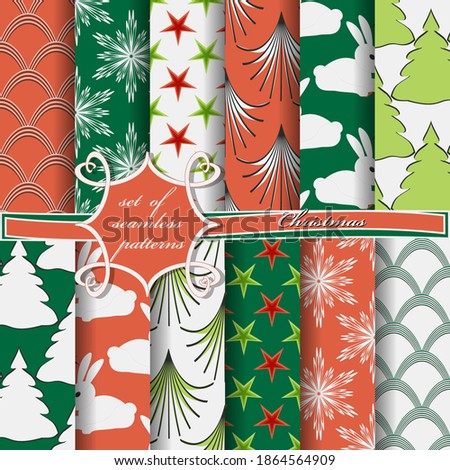 Set of seamless Christmas illustrations. Abstract vector paper with Christmas trees, symbols and elements of Christmas design