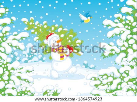 Friendly smiling snowman with a red hat, a warm scarf and mittens carrying a prickly green fir tree from a snowy winter forest to decorate it for Christmas and New Year