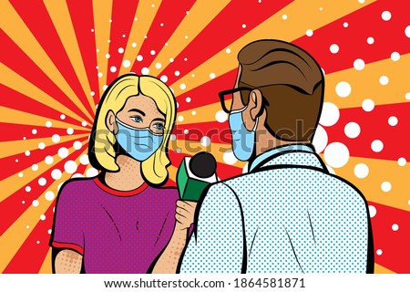 Journalist in mask with microphone pop art vector. Global quarantine. Use it for print or web poster design for actual info about pandemic.