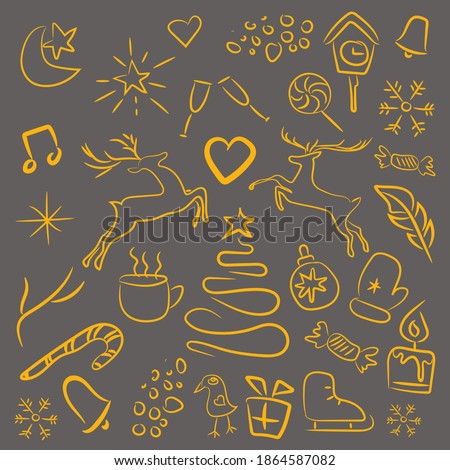 Set of  Christmas images icons in yellow gold on a gray background. New Year's attributes for greeting cards, fashion prints, textiles, wrapping paper. Vector illustration.