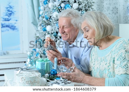Portrait of happy senior couple preparing for Christmas at home