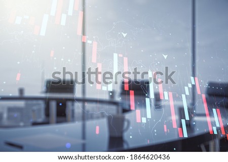 Economic crisis chart and world map hologram on a modern coworking room background, bankruptcy and recession concept. Multiexposure