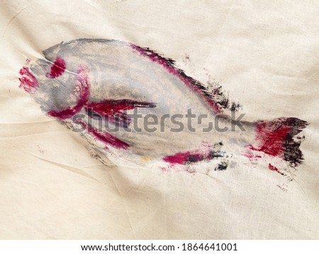 masterclass for Fish Drawing in Technique Monotype - first print of red and silver dyed Orata fish on calico fabric