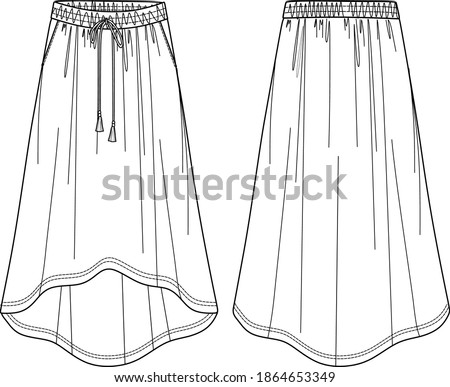 Vector sport style woman skirt fashion CAD, long woman skirt with elasticized waistband technical drawing, sketch, template, flat. Jersey or woven fabric maxi skirt with front, back view, white color Royalty-Free Stock Photo #1864653349