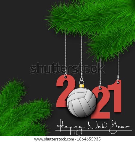 Happy New Year. Numbers 2021 and volleyball ball as a Christmas decorations hanging on a Christmas tree branch. Design pattern for greeting card, banner, poster, flyer, invitation. Vector illustration