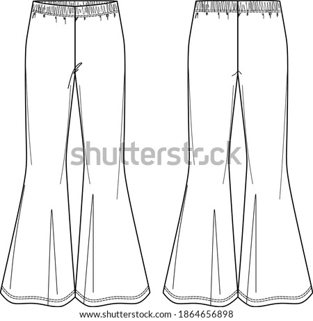 Vector pants for girls fashion CAD, sketch template, basic woman flared trousers technical drawing, trendy leggings flat, mock up. Jersey or woven fabric pants, from and back view, white color Royalty-Free Stock Photo #1864656898