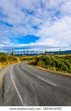 Asphalt highway among yellowed autumn vegetation. The road to Knight's Point Lookout. Picturesque overgrown shores. New Zealand, South Island