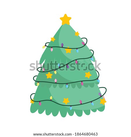 merry christmas, tree with golden stars and lights celebration icon isolation vector illustration