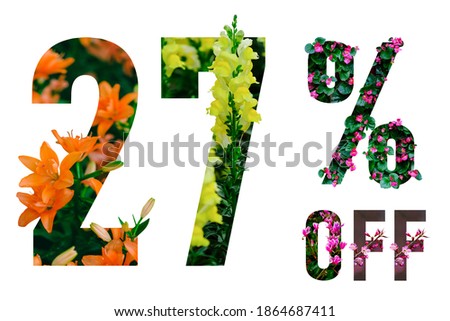 27% off discount promotion sale poster. Summer sale banner with paper cut tropical flowers on