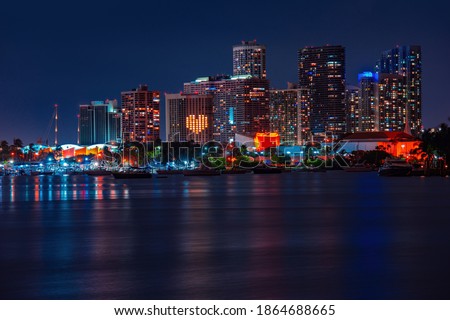Miami skyline. Miami skyscrapers at the night, south beach