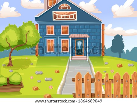 Rural landscape with image of private house, trees, sky and other objects. Building for family living. Vector illustration in cartoon style.