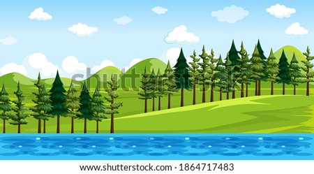 Nature park with river side landscape scene illustration