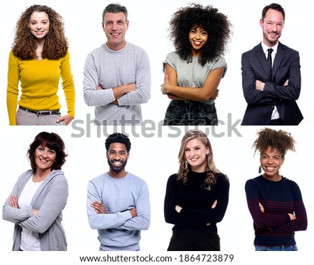 Group of different people in front of a white background
