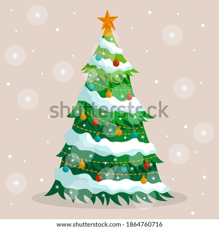 Christmas tree. Decorated christmas tree, with star, lights, decoration balls and lamps. Merry Christmas and a happy new year. Flat style vector illustration.