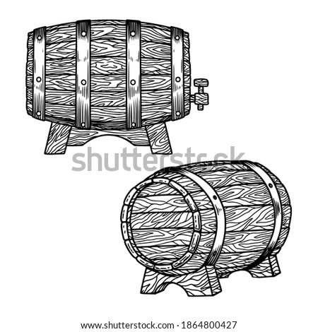 Illustration of wooden whiskey barrel  in engraving style. Design element for emblem, sign, poster, card, banner, flyer. Vector illustration