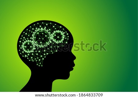 3d digital green glowing particles line and dot polygonal plexus children's brain with gears, go green and zero waste concept, scientific technology stock vector illustration clip art with copy space