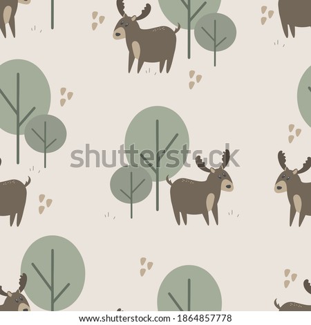Seamless pattern with cute deer among the trees. Decorative wallpaper for the nursery in the Scandinavian style. Vector. Suitable for children's clothing, interior design, packaging, printing.