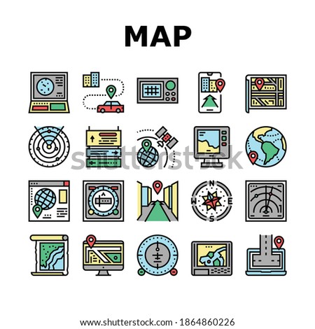 Map Location System Collection Icons Set Vector. Map Location And Gps Satellite Navigation, Direction And Distance, Radar And Compass Concept Linear Pictograms. Contour Illustrations