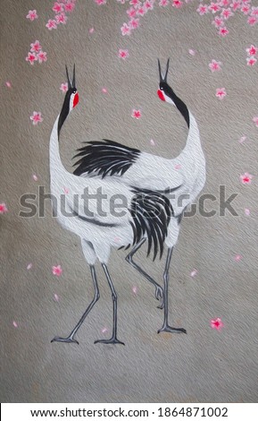 Oil painting of grus cranes under sakura tree.