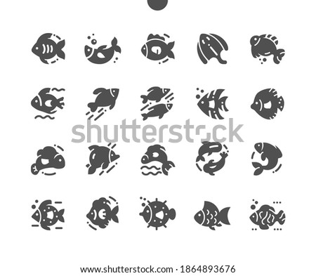 Different fish. Sea, oceanic and river fish. Aquatic animals with various fins, scales, tails and gills bathing in the water. Menu for restaurant and cafe. Vector Solid Icons. Simple Pictogram