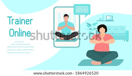 Vector illustration Training with an online trainer Sport fitness training at home Online sports activities Healthy Active lifestyle Yoga for everyone Balance training Fitness blog Workout app concept