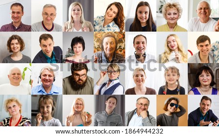 Many happy diverse ethnicity different young and old people group headshots in collage mosaic collection. Lot of smiling multicultural faces looking at camera. Human resource society database concept. Royalty-Free Stock Photo #1864944232