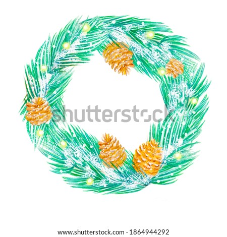 Watercolour pine tree wreath with cones