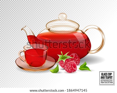 Glass teapot and cup with tea. Raspberry tea. Realistic vector, 3d illustration.