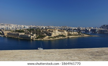 View of fort Manoel on Manoel island, Gzira city and Sliema city from citadel of Valletta. Malta.